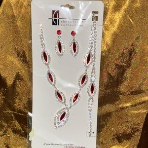 New Ruby Red 3 PCS Necklace, Bracelet, & Earring Set Formal for many occasions